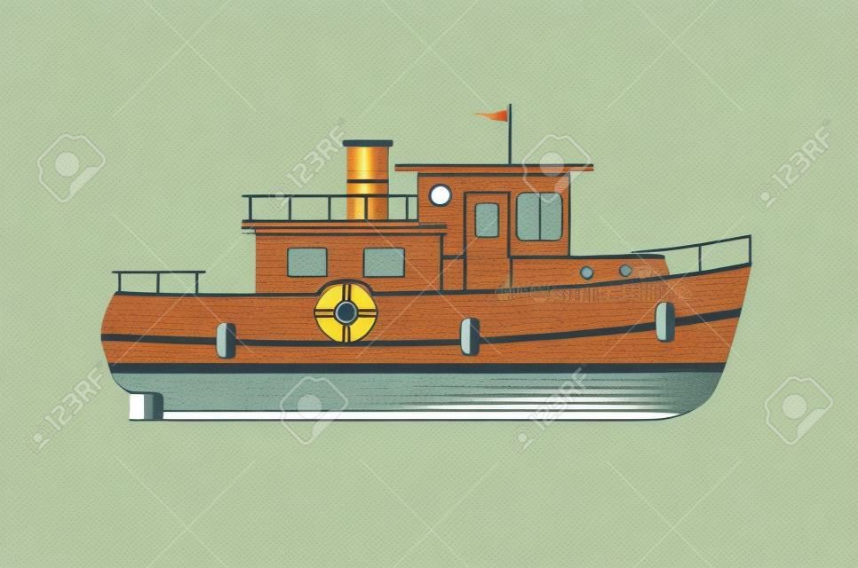 Illustrazione piana di vettore del rimorchiatore dell'annata. Barca a motore per vela, pesca, strascico, crociera.