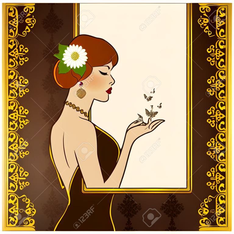 Belle silhouette de femme sur fond vintage avec des fleurs