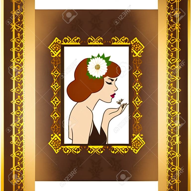 Belle silhouette de femme sur fond vintage avec des fleurs