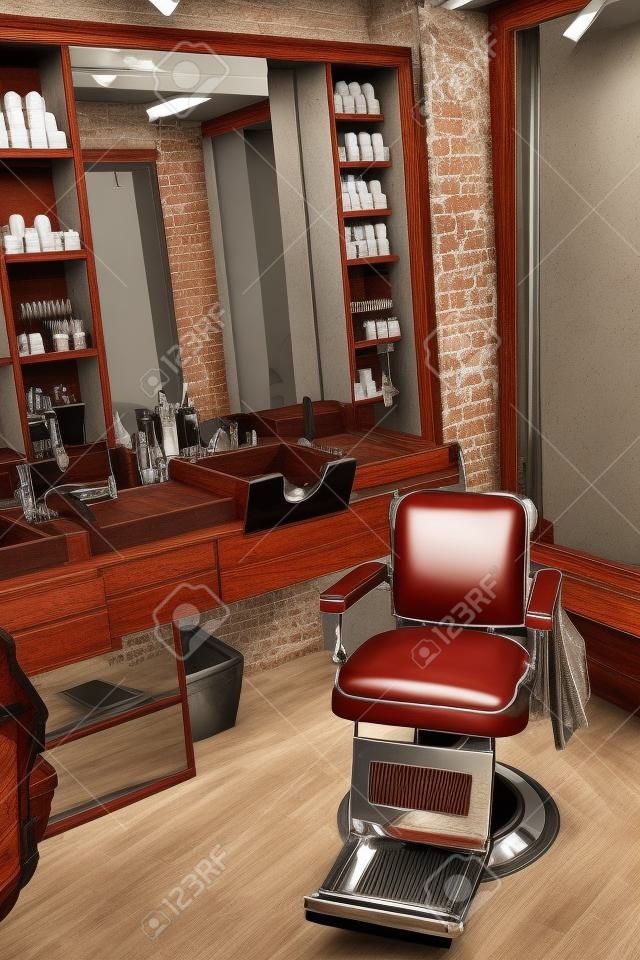 Salon de coiffure intérieur. Salon de coiffure pour hommes avec chaise ancienne, miroir et évier de salon. Haute résolution