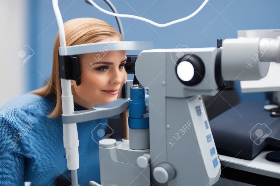 Badanie wzroku. kobieta sprawdzająca wzrok na sprzęcie optometrii