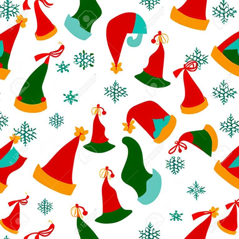 Christmas elf hats seamless vector pattern. Traditional red and green caps with golden bells, bows, ribbons, snowflakes. Santa Claus helper headdress. Flat cartoon background for cards, wallpapers