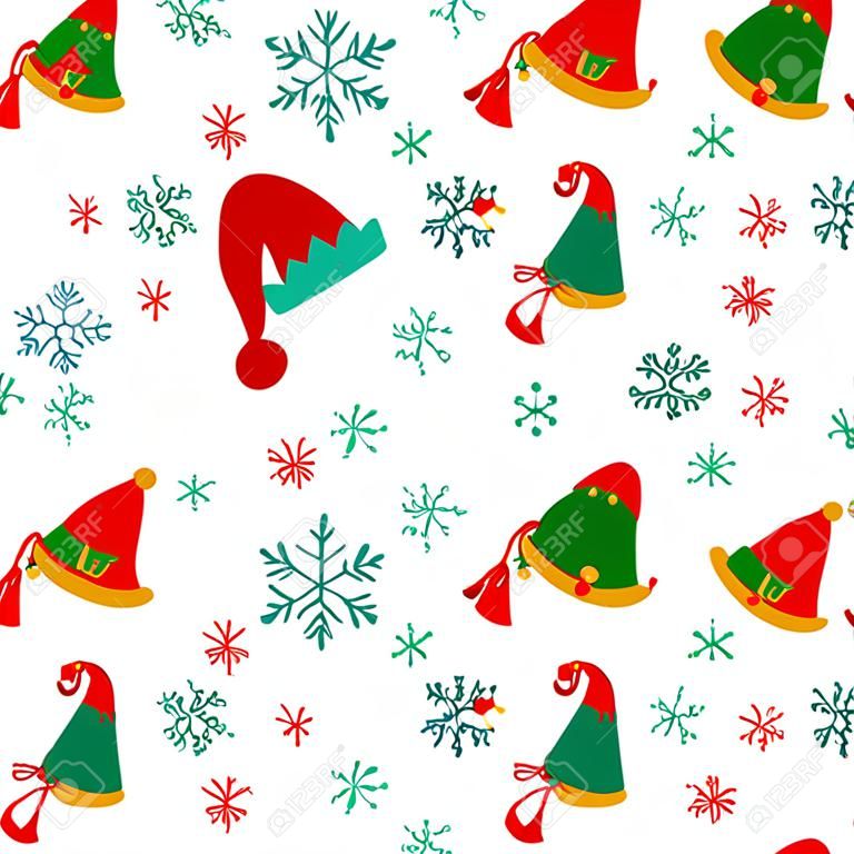 Christmas elf hats seamless vector pattern. Traditional red and green caps with golden bells, bows, ribbons, snowflakes. Santa Claus helper headdress. Flat cartoon background for cards, wallpapers