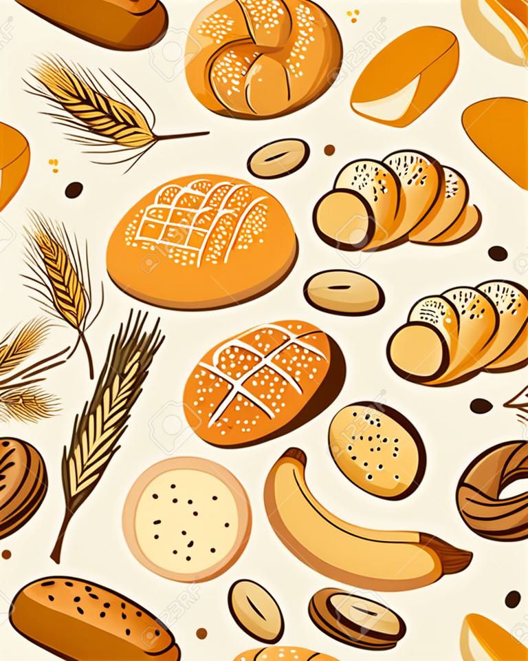 Bakery products seamless pattern background. Pattern with bread and other pastries. Vector illustration.