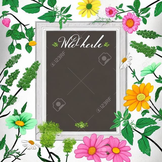 Vector vintage colorful hand-drawn frame template illustration with wild flowers and herbs. Layout, mock up design for cosmetics, store, beauty salon, natural and organic