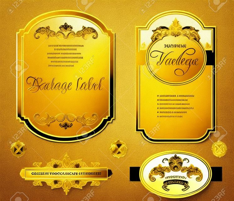 Vector vintage goud ingelijst etiketten set. Goud op wit. Barokke stijl premium kwaliteit label collectie. Beste voor chocolade, parfum, luxe schoonheidsverzorging producten, alcoholische dranken en tabak.
