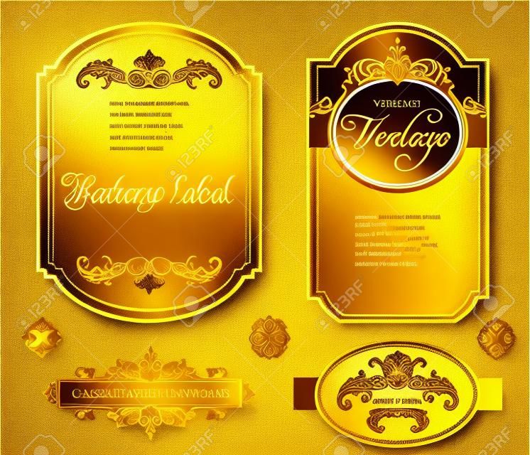Vector vintage gold framed labels set. Golden on white. Baroque style premium quality label collection. Best for chocolate, perfume, luxury beauty care products, alcoholic beverages and tobacco.