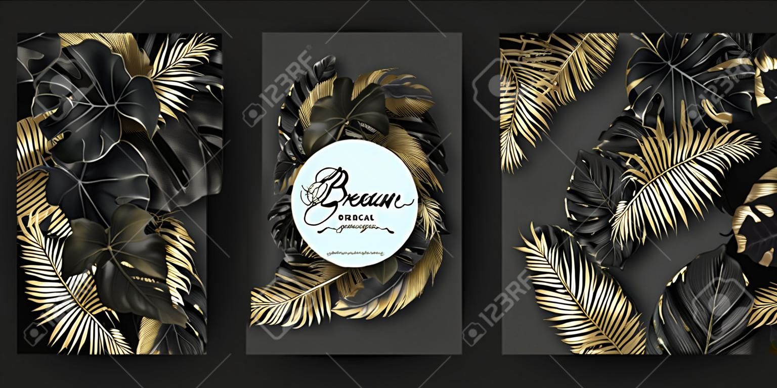 Bandiere rotonde di vettore con foglie tropicali oro e nere su sfondo scuro. Design botanico esotico di lusso per cosmetici, spa, profumi, aromi, salone di bellezza. Ideale come biglietto d'invito per il matrimonio