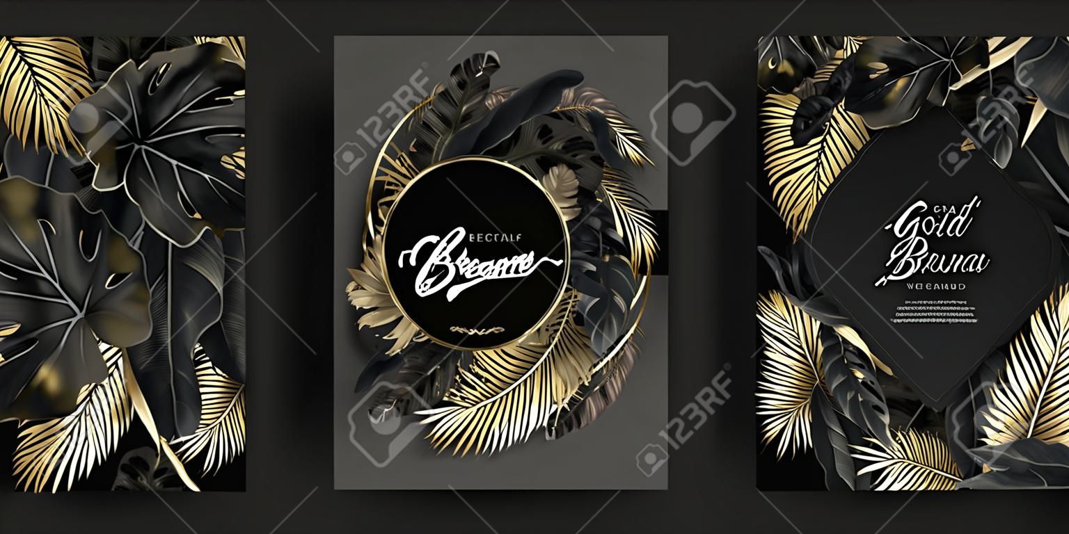 Vector round banners set with gold and black tropical leaves on dark background. Luxury exotic botanical design for cosmetics, spa, perfume, aroma, beauty salon. Best as wedding invitation card