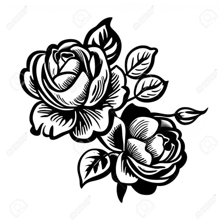 Векторный декоративный черно-белый букет из роз, стилизованные цветы пиона