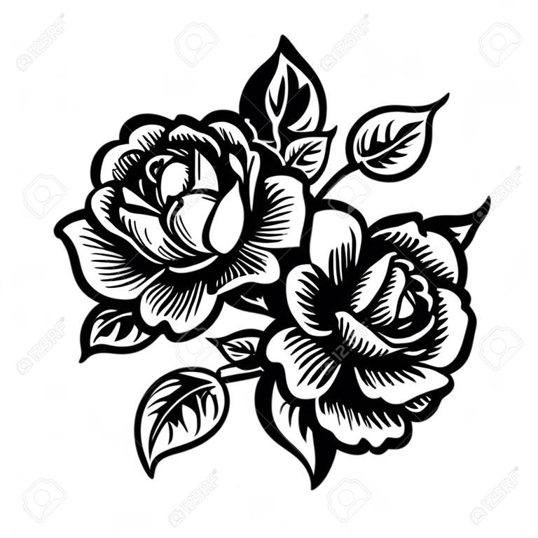 Vector decorativo en blanco y negro ramo de rosas, flores de peonía estilizada