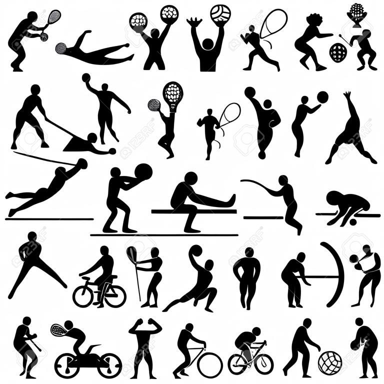 Ensemble d'icônes sportives de couleur noire: le basket-ball, le soccer, le hockey, le tennis, le ski, la boxe, la lutte, le cyclisme, le golf, le base-ball, la gymnastique, le tir, le rugby, la gymnastique, le football américain, la force athlétique, kayak, canoë, haltères, haltérophilie, de l'eau polo, arc