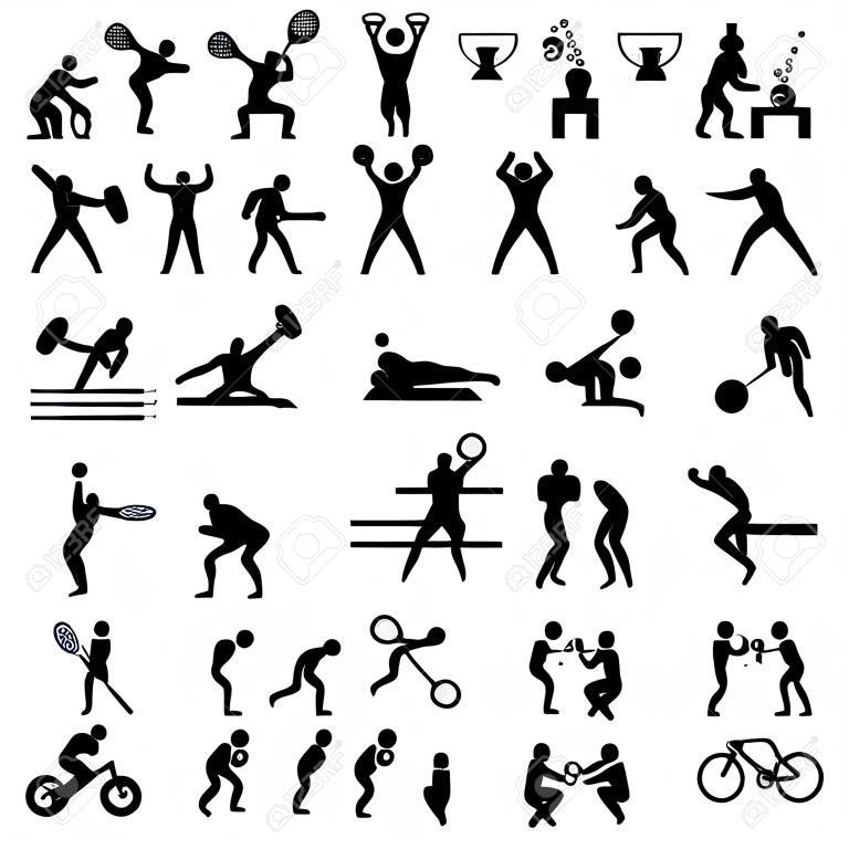 Set of sports icons black color: basketball, soccer, hockey, tennis, skiing, boxing, wrestling, cycling, golf, baseball, gymnastics, shooting, rugby, gymnastics, American football, power lifting, kayaking, canoeing, barbell, weightlifting, water polo, archery, fencing, swimming, volleyball, sports competitions. Vector illustration