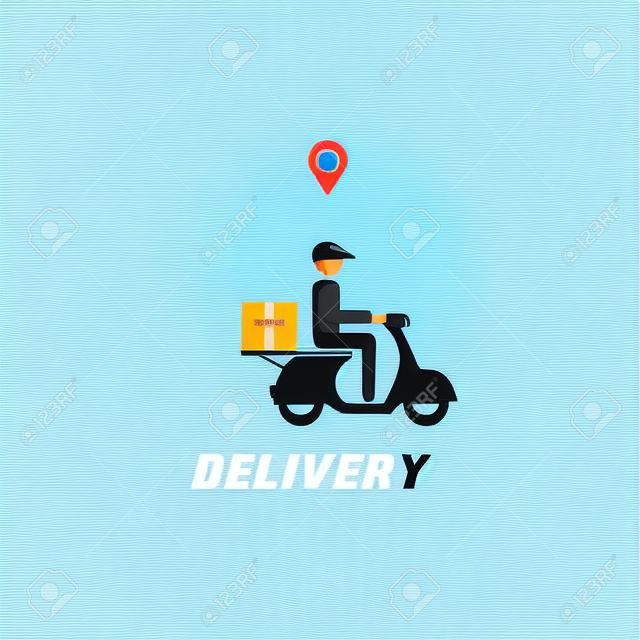 Messenger, delivery man with motorcycle, location marker on white background. Vector illustration for delivery anywhere service concept.