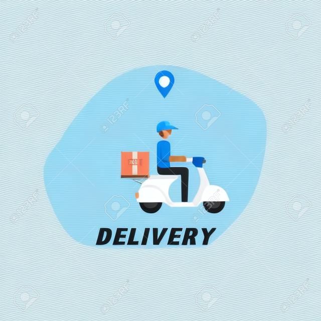 Messenger, delivery man with motorcycle, location marker on white background. Vector illustration for delivery anywhere service concept.