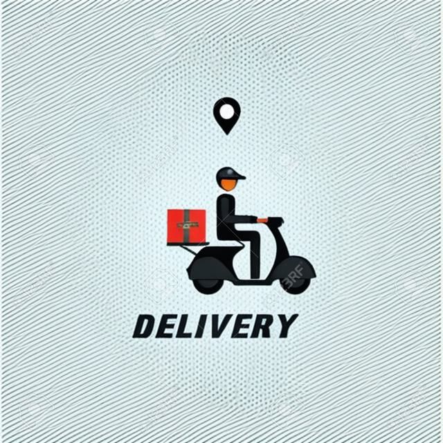 Messenger, fattorino con moto, indicatore di posizione su sfondo bianco. Illustrazione vettoriale per la consegna ovunque il concetto di servizio.