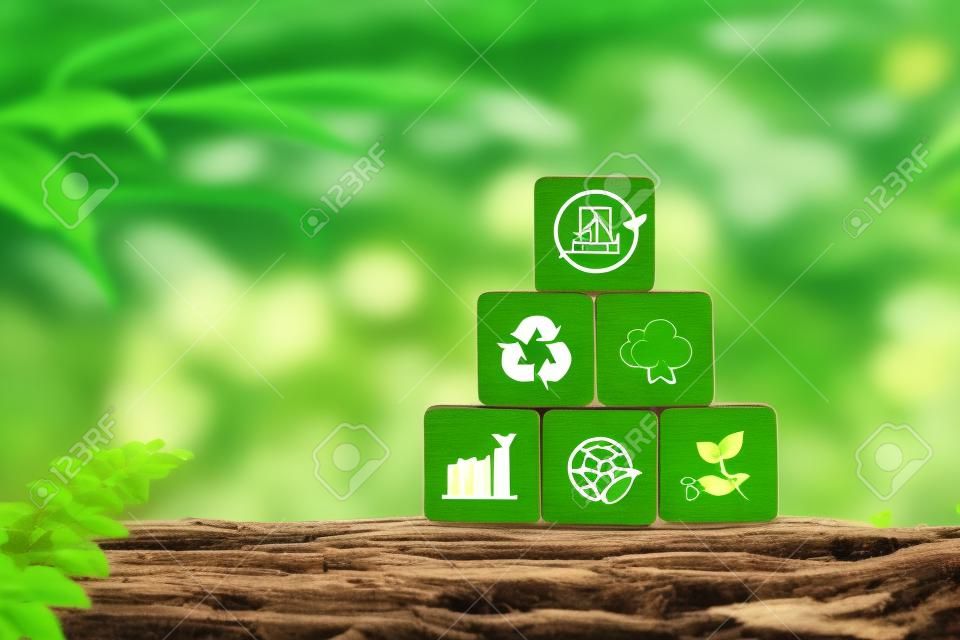 Neutralna pod względem emisji dwutlenku węgla i zerowa koncepcja środowiska naturalnego neutralna dla klimatu długoterminowa strategia emisji gazów cieplarnianych ma na celu drewniany klocek z zieloną ikoną i przyrodą.