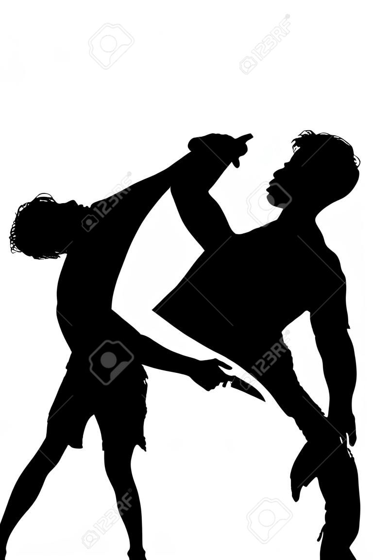 Silhouette of an attack with a knife depicting violence isolated against white background