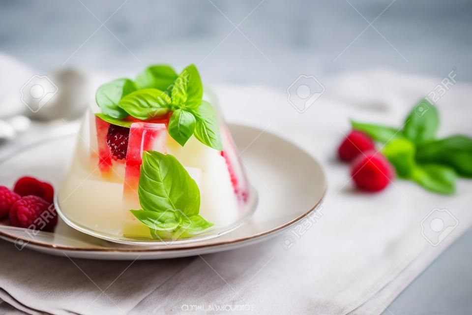 Zdjęcie letniej galaretki deserowej z malinami. Przyozdobiona gałązką świeżej bazylii na jasnym tle