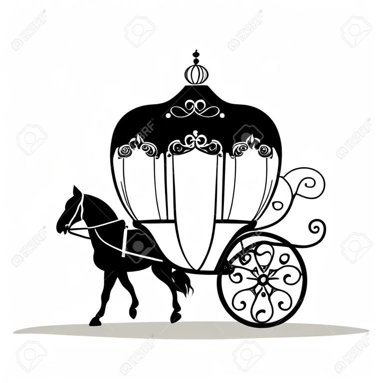 Dekoratives Brougham. Hochzeitskutsche Weinlesewagen mit dem Pferd lokalisiert auf weißem Hintergrund. Auch für Einladungskarten geeignet. Vektor-Illustration