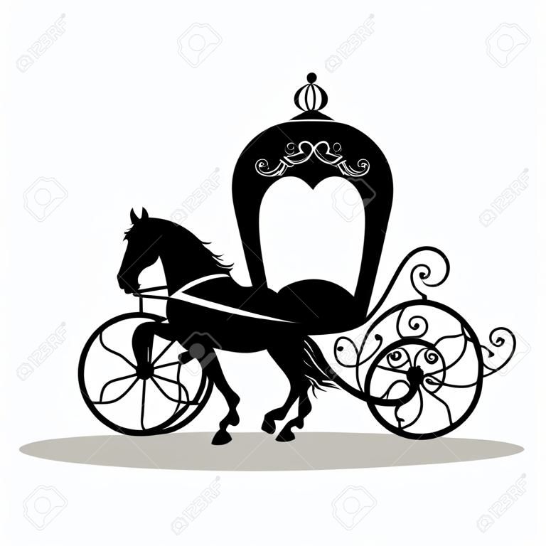 Dekoratives Brougham. Hochzeitskutsche Weinlesewagen mit dem Pferd lokalisiert auf weißem Hintergrund. Auch für Einladungskarten geeignet. Vektor-Illustration