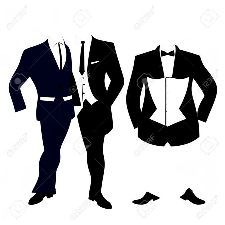Costume et smoking pour hommes de mariage. Collection. Le marié. Illustration vectorielle.