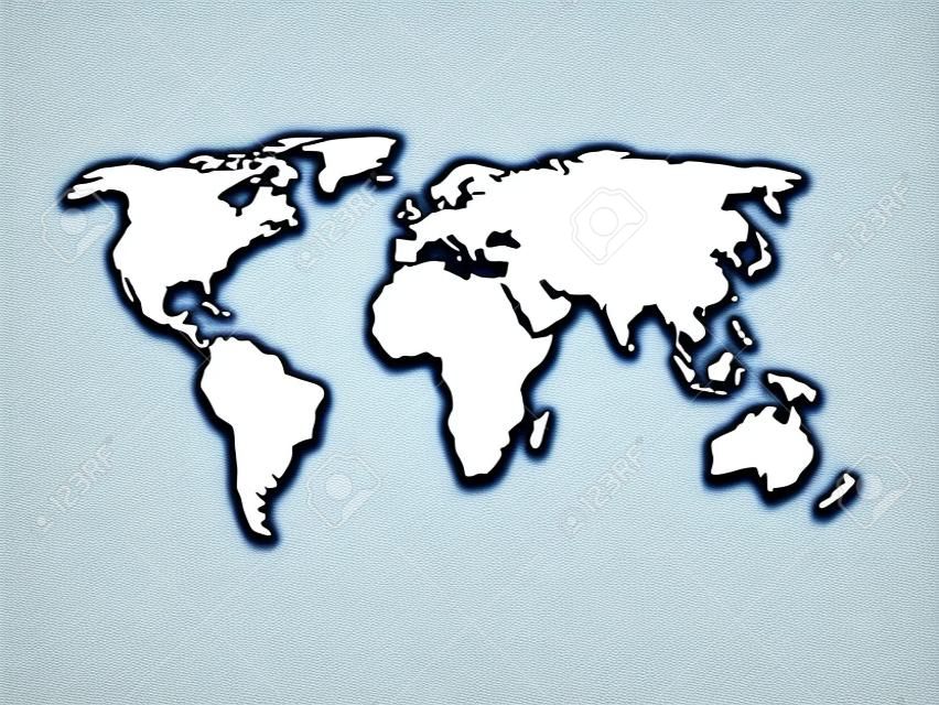 White world map with shadow silhouette. Looks like map cut from paper. Vector illustration.
