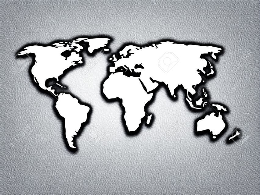 Mapa do mundo branco com silhueta de sombra. Parece um mapa cortado de papel. Ilustração vetorial.