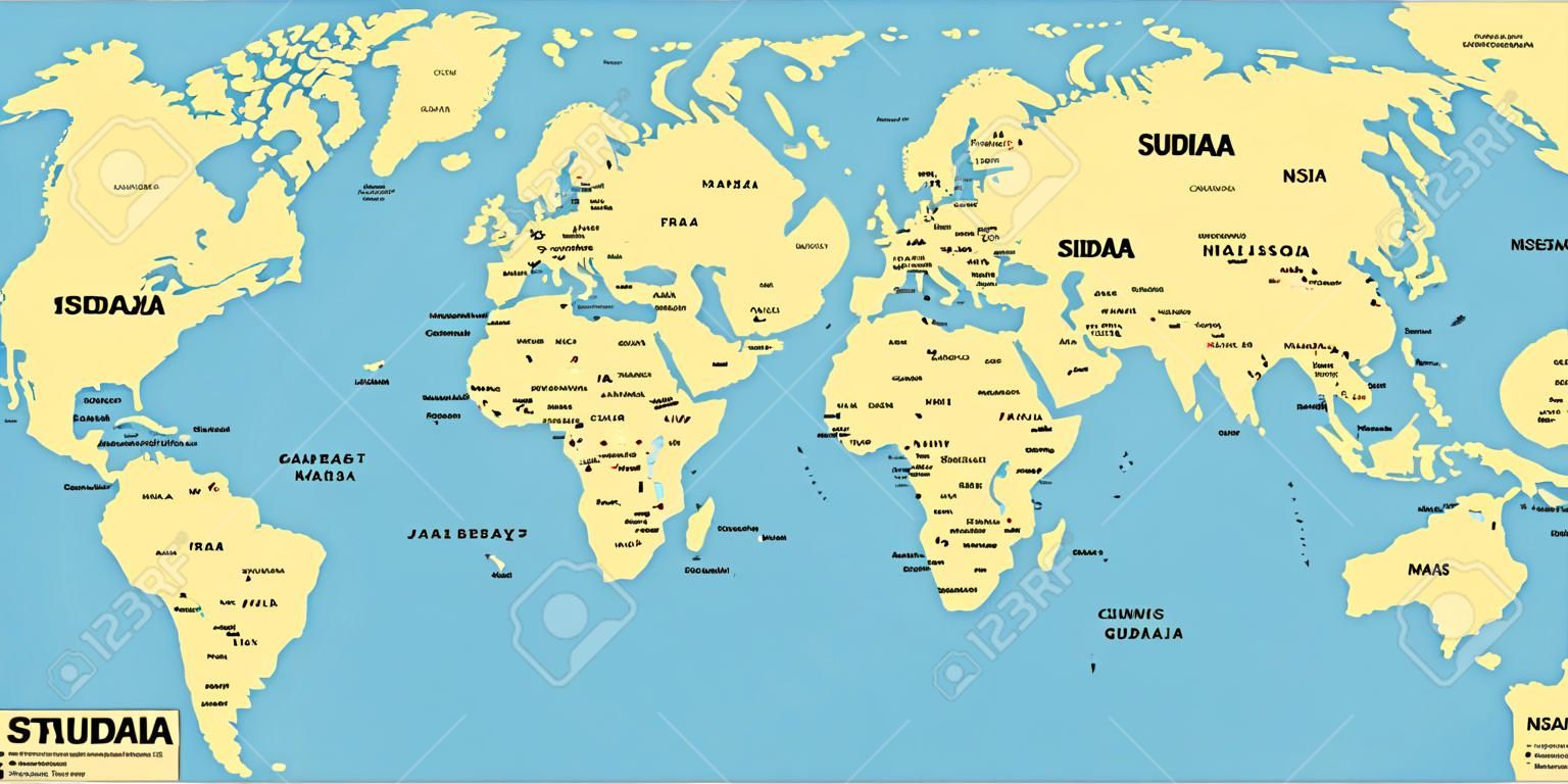 Gele politieke wereldkaart met blauwe achtergrond en zwarte labels van soevereine landen en grotere afhankelijke gebieden. Vereenvoudigde kaart. Zuid-Soedan opgenomen.