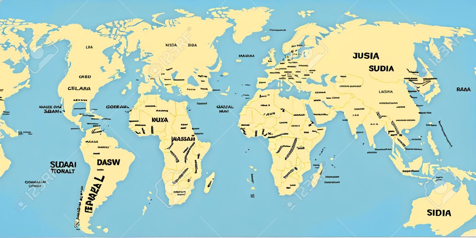 Yellow political world map with blue background and black labels of sovereign countries and larger dependent territories. Simplified map. South Sudan included.