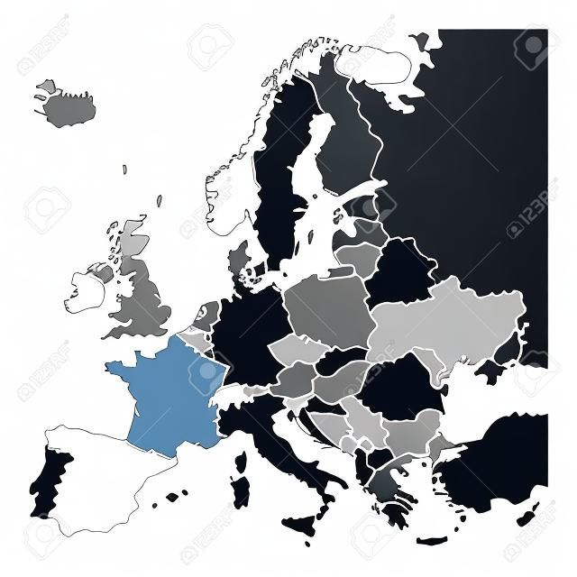Пустой контурная карта Европы. Упрощенная векторная карта выполнена из черного контура на белом фоне.