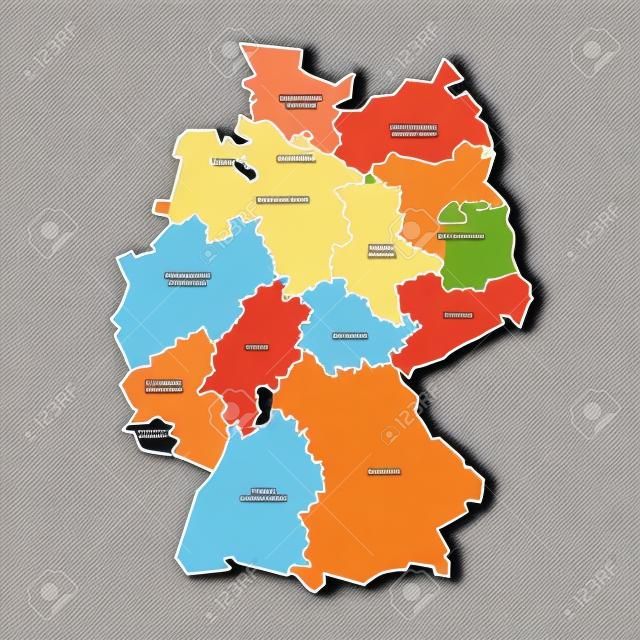 Map of Germany devided to 13 federal states and 3 city-states - Berlin, Bremen and Hamburg, Europe. Simple flat white vector map with black outlines and labels.