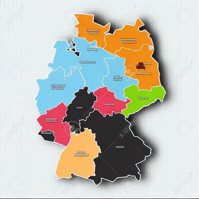 Map of Germany devided to 13 federal states and 3 city-states - Berlin, Bremen and Hamburg, Europe. Simple flat white vector map with black outlines and labels.