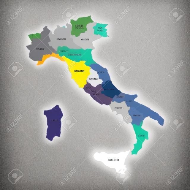 Map of Italy divided into 20 administrative regions in four shades of grey. White labels.