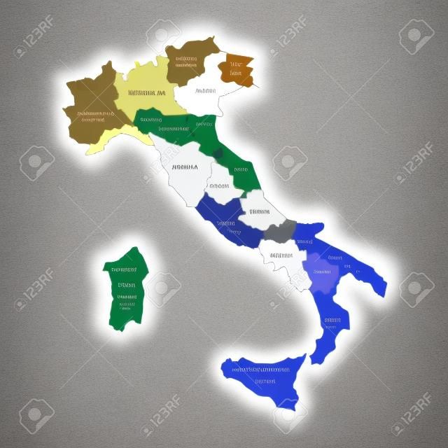 イタリアの地図は、灰色の 4 の網掛けで 20 の行政区に分かれています。白いラベル。