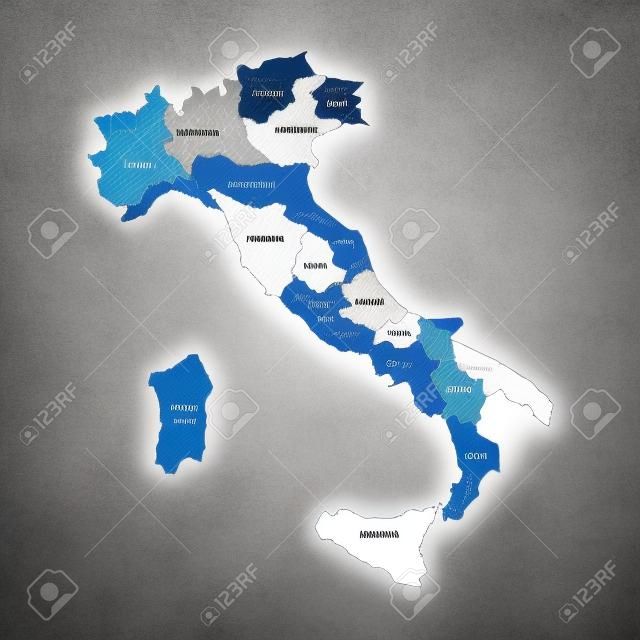 Map of Italy divided into 20 administrative regions in four shades of grey. White labels.