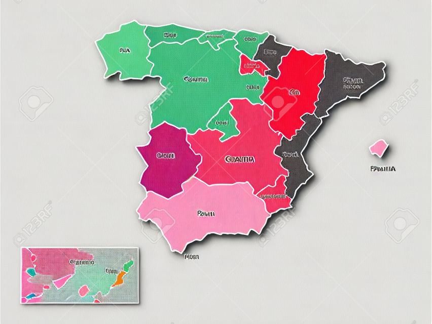 Carte de l'Espagne divisée en 17 communautés administratives autonomes avec la région de Catalogne en rose. Carte vectorielle plane simple dans les tons de gris.