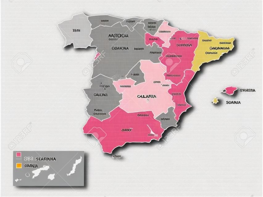 Carte de l'Espagne divisée en 17 communautés administratives autonomes avec la région de Catalogne en rose. Carte vectorielle plane simple dans les tons de gris.