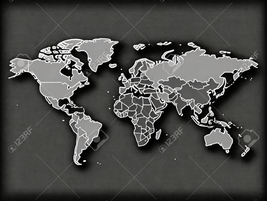 Mappa del mondo con i confini del paese, sottile contorno bianco su sfondo nero. Wireframe semplice di vettore della linea di alto dettaglio.