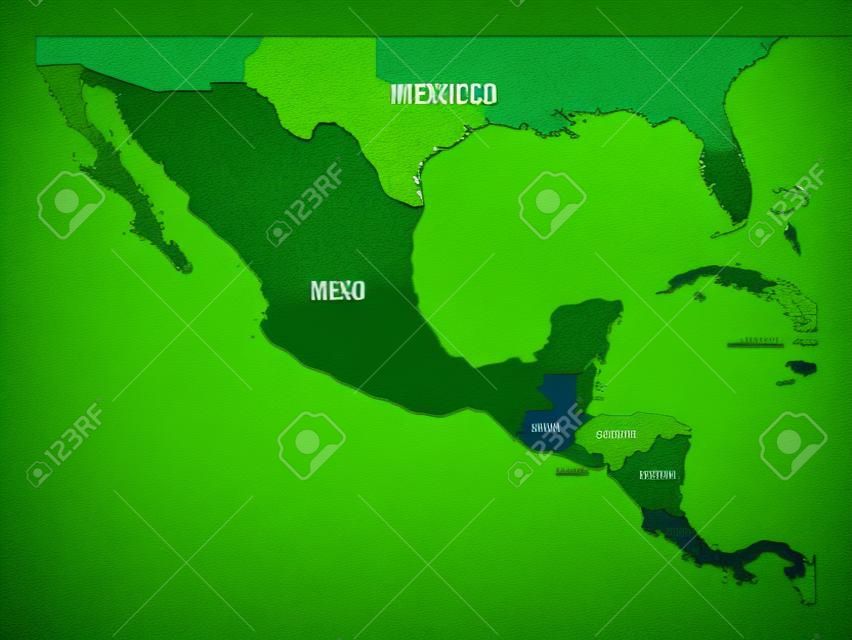 Mapa político da América Central e do México em quatro tons de verde. Ilustração plana simples do vetor.
