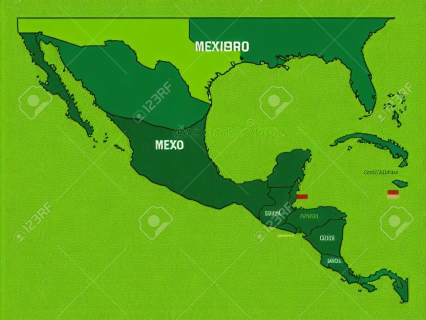 Mapa político da América Central e do México em quatro tons de verde. Ilustração plana simples do vetor.