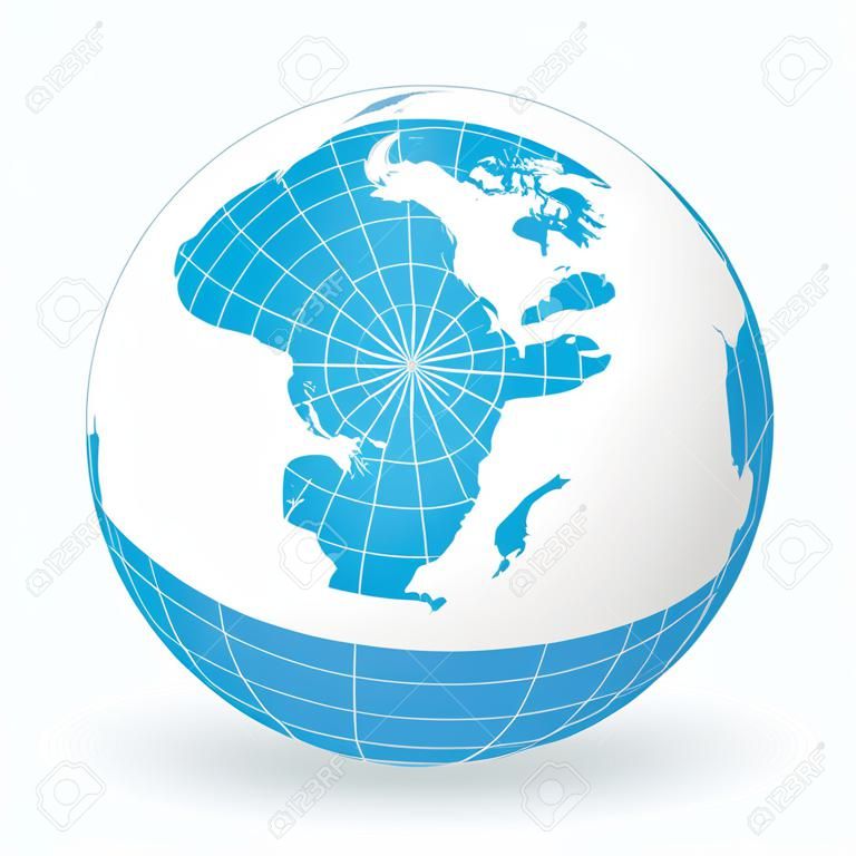 Earth globe with green world map and blue seas and oceans focused on Arctic Ocean and North Pole. With thin white meridians and parallels. 3D vector illustration.