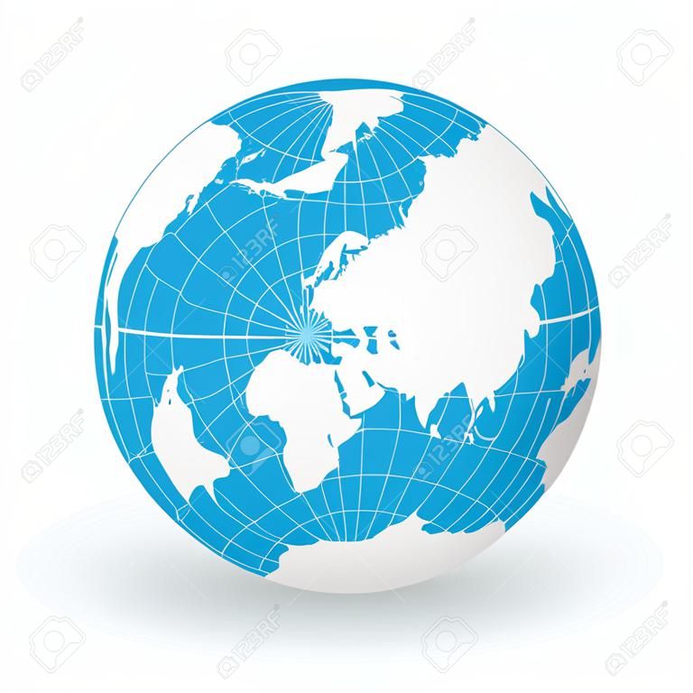 Globo da Terra com mapa do mundo verde e mares azuis e oceanos focados no Oceano Ártico e Pólo Norte. Com meridianos brancos finos e paralelos. Ilustração vetorial 3D.