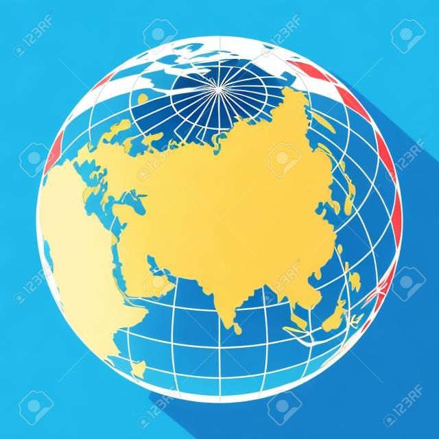 Outline Earth globe with map of World focused on Asia. Vector illustration.