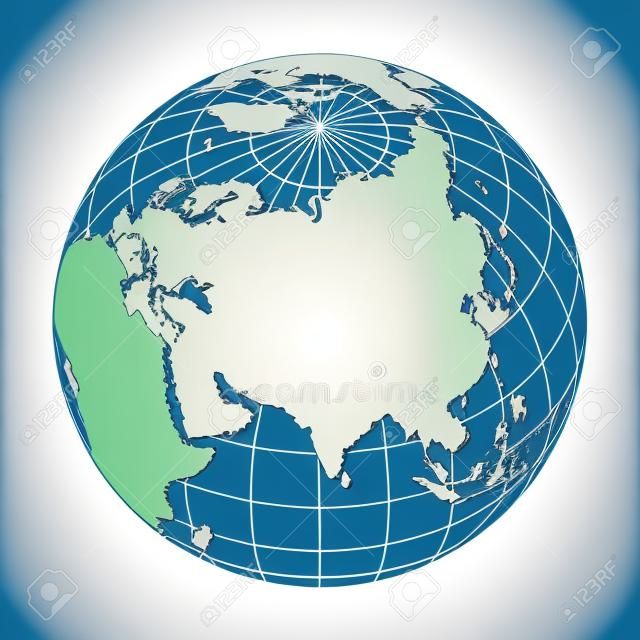 Outline Earth globe with map of World focused on Asia. Vector illustration.