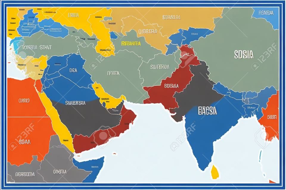 南アジアと中東の政治地図。黄色の土地と青い海を持つシンプルなフラットベクトルマップ。