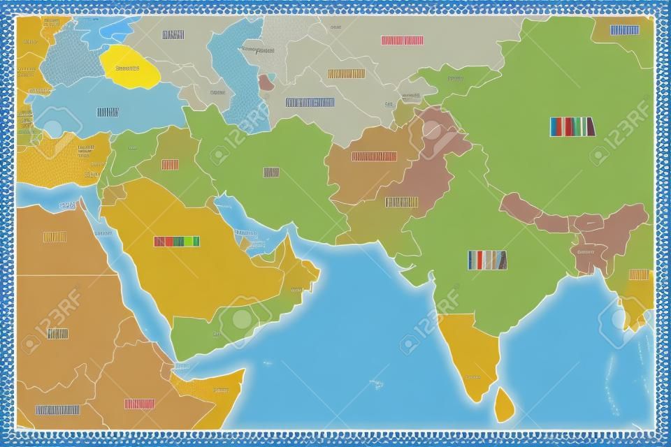 南アジアと中東の政治地図。黄色の土地と青い海を持つシンプルなフラットベクトルマップ。