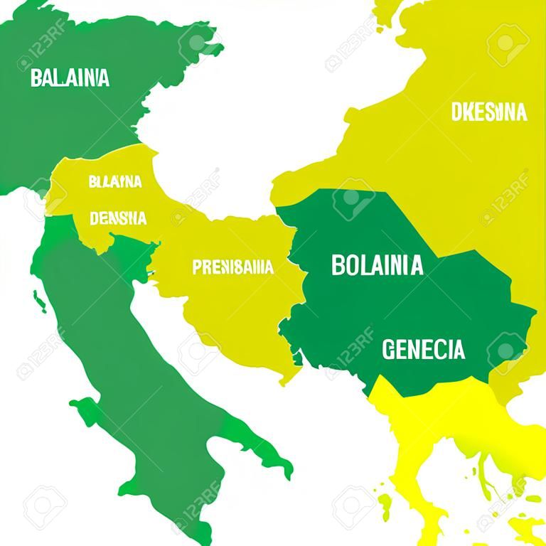 Mapa político dos Balcãs - Estados da Península Balcânica. Quatro tons de ilustração vetorial verde.