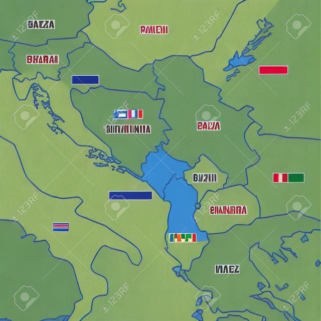 Politische Karte des Balkans - Staaten der Balkanhalbinsel. Einfacher flacher schwarzer Umriss mit schwarzen Ländernamensetiketten.