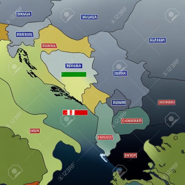 Politische Karte des Balkans - Staaten der Balkanhalbinsel. Einfacher flacher schwarzer Umriss mit schwarzen Ländernamensetiketten.